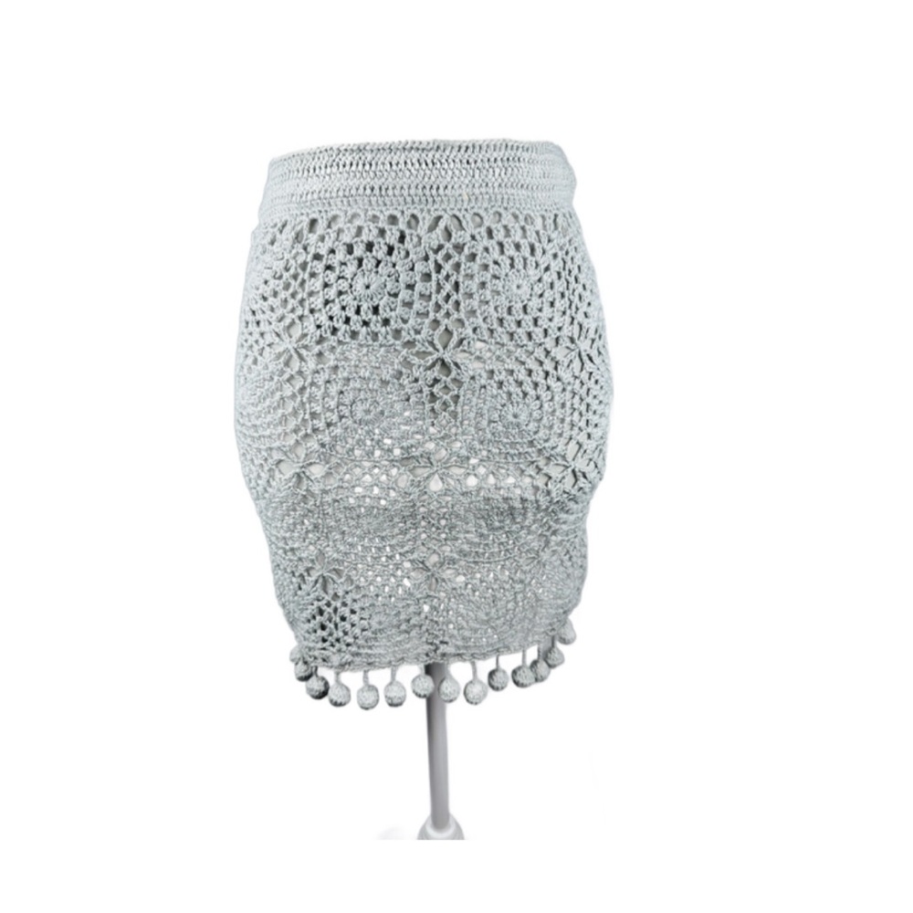 Honey Punch Light Gray Crochet Pencil Skirt with Pom Pom Hem Size S